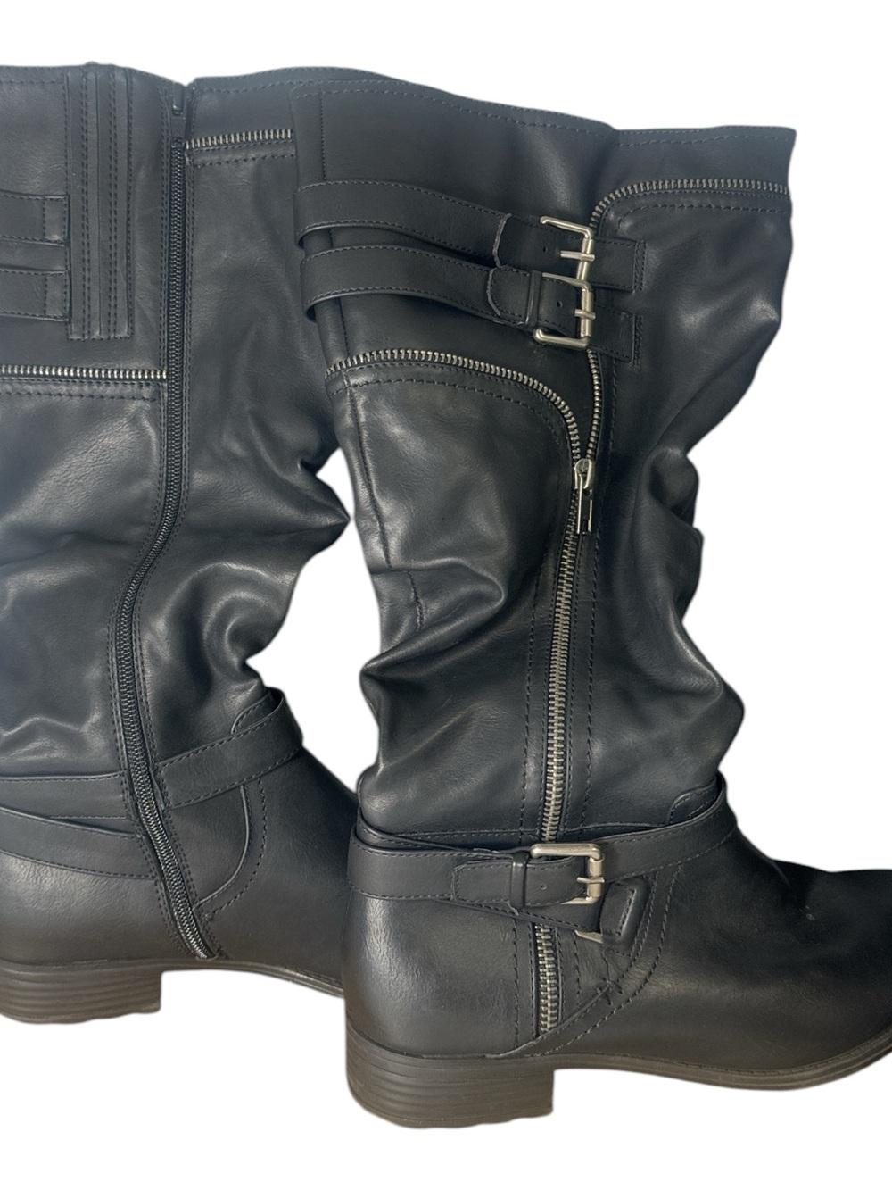 White Mountain Black Mid-Calf Moto Boots with Buckle & Zip